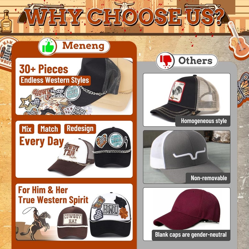 Meneng Western Trucker Hat for Cowboy: Men Women Adjustable Snapback Caps with 8pcs Embroidered Patches and a Chain - Image 4